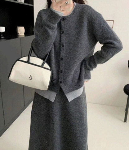 ニットセットアップ パンツ レディース レイヤード風 柔らかい セットアップ スカート スカートスーツ オーバー 秋冬 40代 30代 カジュアル 重ね着風 脚長効果 長袖 ゆったり 保温性 暖かめ 体型カバー 着瘦せ効果 無地 通勤 入園式 送料無料