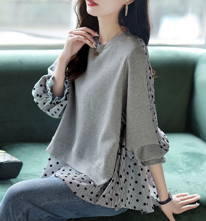 チュニック レディース おしゃれ 秋冬 長袖 フレア ドット柄 水玉 パーカー Tシャツ プルオーバー カットソー 異素材 トップス 切り替え 大きいサイズ ロンT Aライン 体型カバー お洒落 大人可愛い 森ガール きれいめ 春 秋 冬