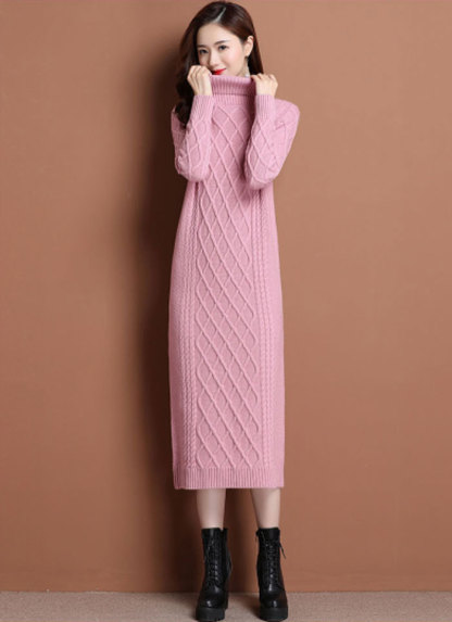 ニットワンピース ハイネック レディース リブ ニットワンピ ミモレ丈 ロング丈 きれいめ 上品 大人 ブラック 秋冬 長袖 きれいめ ケーブルニット 暖かめ 保温性 厚め 体型カバー 送料無料