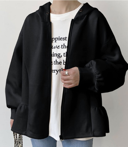 パーカー レディース コート ジャケット 秋 冬 春 フード付き 前開き 厚手チュニック トップス フリル フレア 長袖 可愛い 無地 シンプル きれいめ カジュアル 着瘦せ ノーマル丈 ロング丈 ブラック 体型カバー 大きいサイズ 学生 通勤