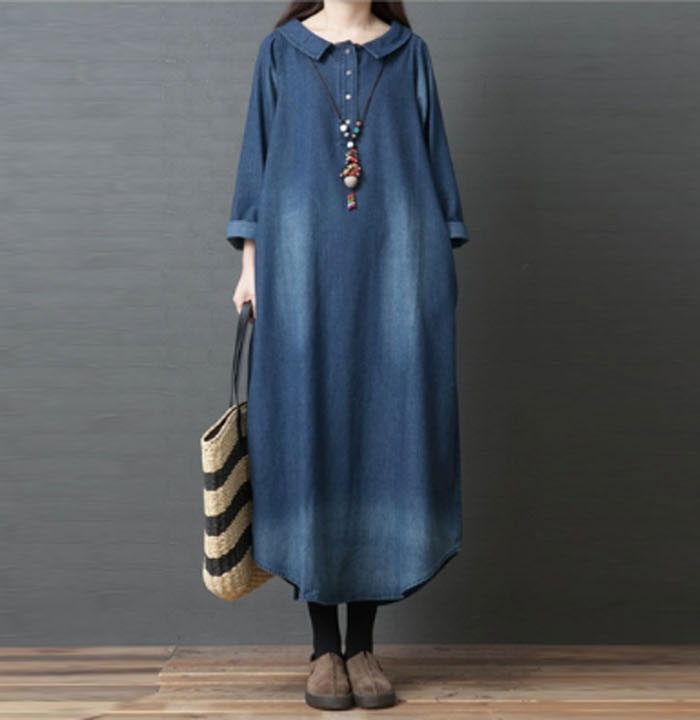 シャツワンピース きれいめ 春秋冬 ロングワンピース デニム デニムワンピース コットン100% 大きいサイズ バルーン レディース 長袖 マキシ丈 マキシワンピース ゆるゆる 着瘦せ 通勤 おしゃれ 無地 柔らか コーデ 大人 送料無料 カジュアル ゆったり 可愛い