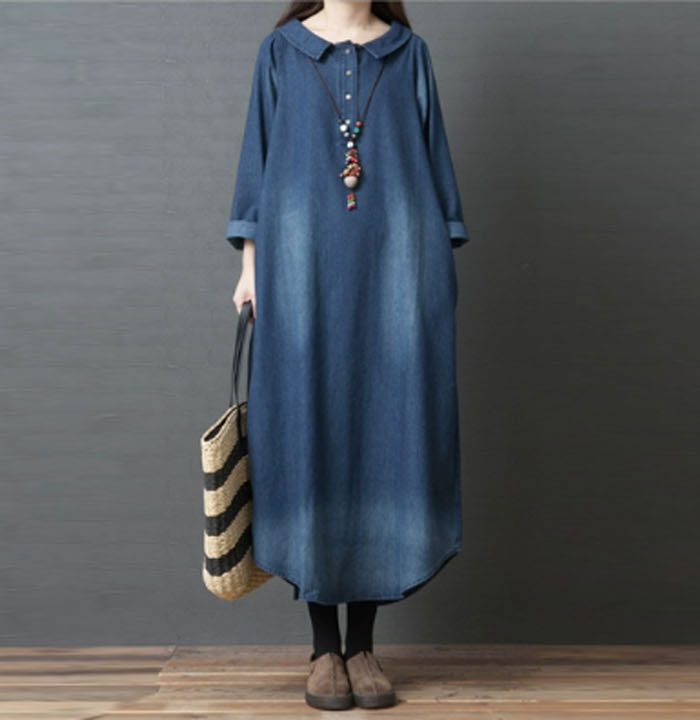シャツワンピース きれいめ 春秋冬 ロングワンピース デニム デニムワンピース コットン100% 大きいサイズ バルーン レディース 長袖 マキシ丈 マキシワンピース ゆるゆる 着瘦せ 通勤 おしゃれ 無地 柔らか コーデ 大人 送料無料 カジュアル ゆったり 可愛い