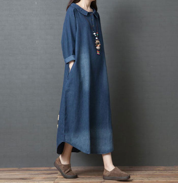 シャツワンピース きれいめ 春秋冬 ロングワンピース デニム デニムワンピース コットン100% 大きいサイズ バルーン レディース 長袖 マキシ丈 マキシワンピース ゆるゆる 着瘦せ 通勤 おしゃれ 無地 柔らか コーデ 大人 送料無料 カジュアル ゆったり 可愛い