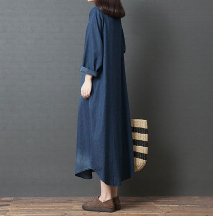 シャツワンピース きれいめ 春秋冬 ロングワンピース デニム デニムワンピース コットン100% 大きいサイズ バルーン レディース 長袖 マキシ丈 マキシワンピース ゆるゆる 着瘦せ 通勤 おしゃれ 無地 柔らか コーデ 大人 送料無料 カジュアル ゆったり 可愛い