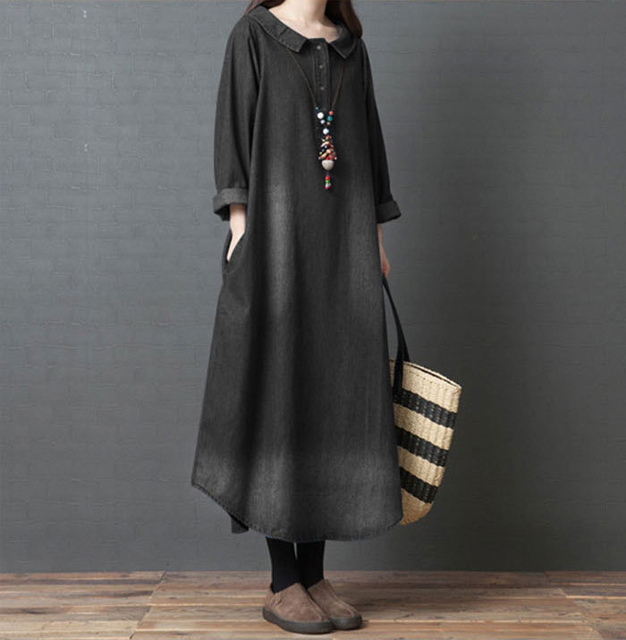 シャツワンピース きれいめ 春秋冬 ロングワンピース デニム デニムワンピース コットン100% 大きいサイズ バルーン レディース 長袖 マキシ丈 マキシワンピース ゆるゆる 着瘦せ 通勤 おしゃれ 無地 柔らか コーデ 大人 送料無料 カジュアル ゆったり 可愛い