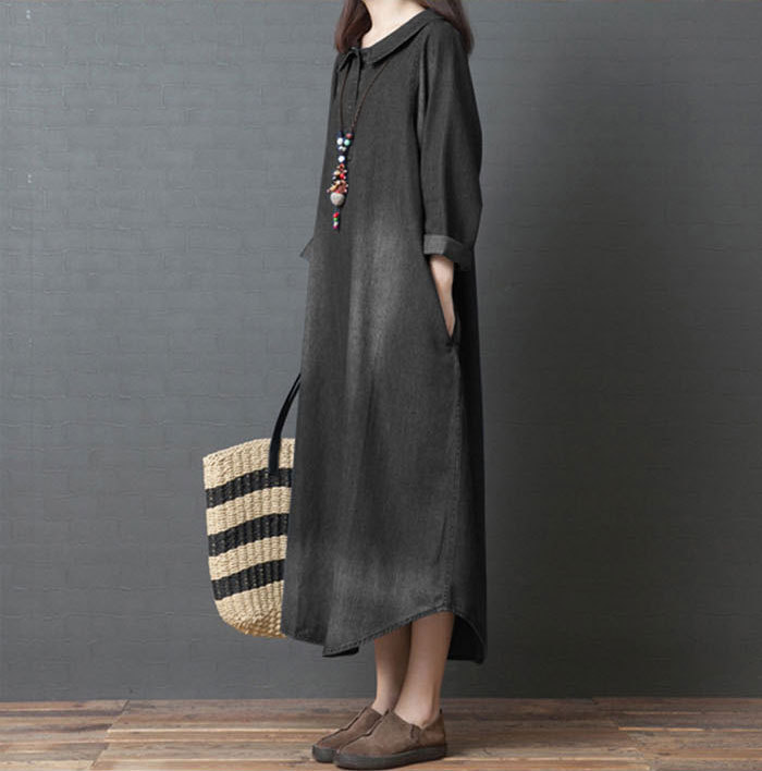 シャツワンピース きれいめ 春秋冬 ロングワンピース デニム デニムワンピース コットン100% 大きいサイズ バルーン レディース 長袖 マキシ丈 マキシワンピース ゆるゆる 着瘦せ 通勤 おしゃれ 無地 柔らか コーデ 大人 送料無料 カジュアル ゆったり 可愛い