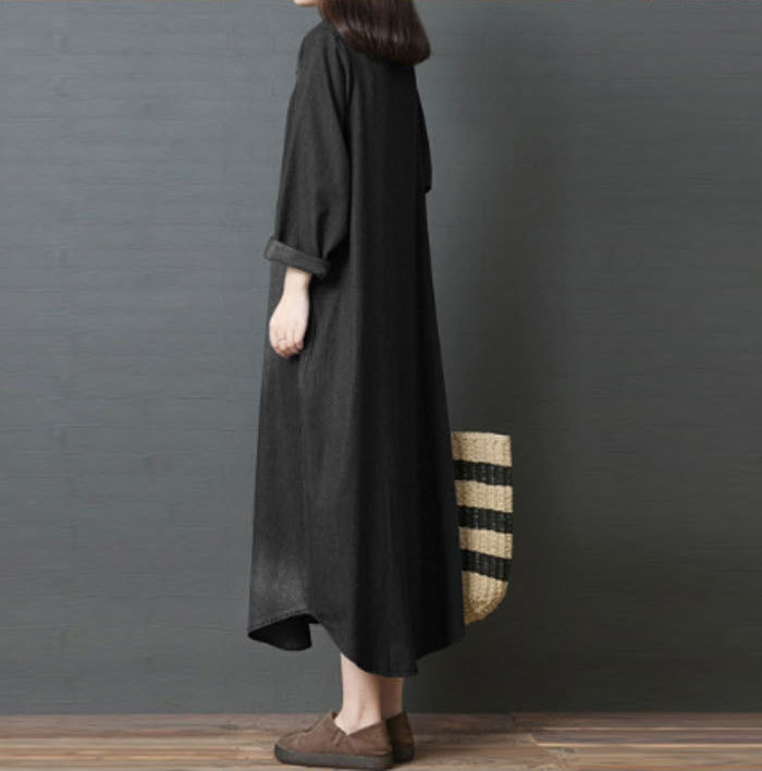 シャツワンピース きれいめ 春秋冬 ロングワンピース デニム デニムワンピース コットン100% 大きいサイズ バルーン レディース 長袖 マキシ丈 マキシワンピース ゆるゆる 着瘦せ 通勤 おしゃれ 無地 柔らか コーデ 大人 送料無料 カジュアル ゆったり 可愛い