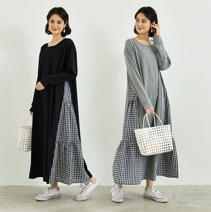 ロングワンピース 裾切り替え 綿混 パーカーワンピース クルーネック Aライン プルオーバー レディース きれいめ 春秋 長袖 大きいサイズ ロング丈 ワンピ 体型カバー ゆったり カジュアル風 大人 可愛い