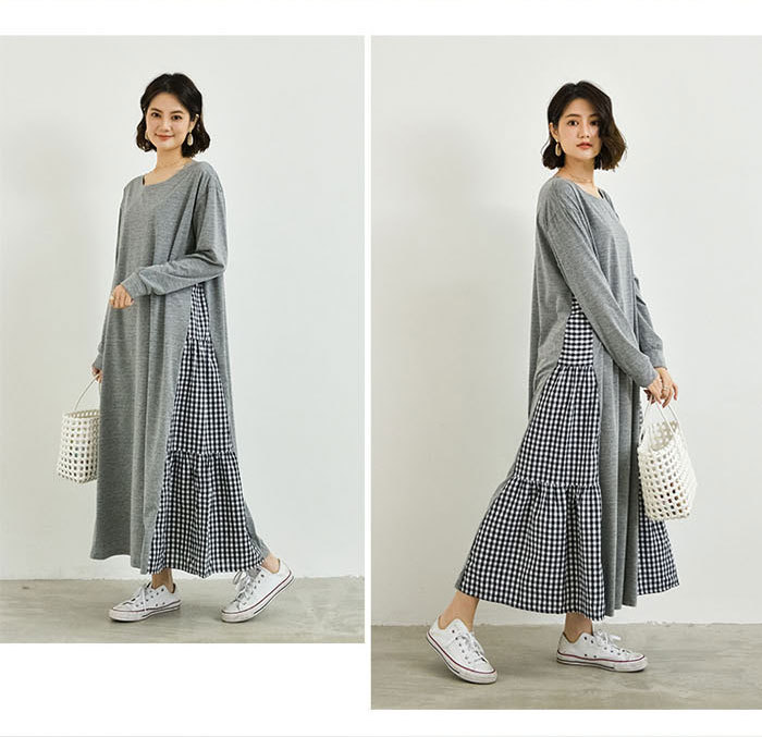 ロングワンピース 裾切り替え 綿混 パーカーワンピース クルーネック Aライン プルオーバー レディース きれいめ 春秋 長袖 大きいサイズ ロング丈 ワンピ 体型カバー ゆったり カジュアル風 大人 可愛い