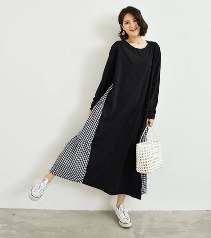 ロングワンピース 裾切り替え 綿混 パーカーワンピース クルーネック Aライン プルオーバー レディース きれいめ 春秋 長袖 大きいサイズ ロング丈 ワンピ 体型カバー ゆったり カジュアル風 大人 可愛い