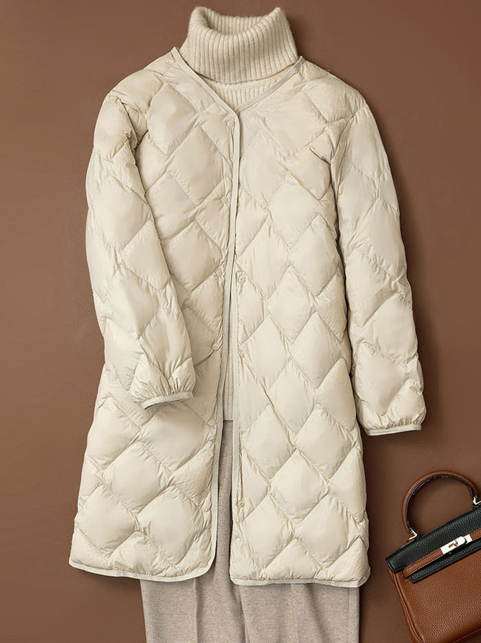 ダウンコート 軽量 ロング丈 キルティングコート ホワイトダックダウン ノーカラーコート チェスターコート アウター BIGコート レディース 秋 厚手 羽織り ゆったり ボリューム きれいめ