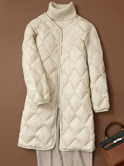 ダウンコート 軽量 ロング丈 キルティングコート ホワイトダックダウン ノーカラーコート チェスターコート アウター BIGコート レディース 秋 厚手 羽織り ゆったり ボリューム きれいめ