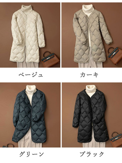 ダウンコート 軽量 ロング丈 キルティングコート ホワイトダックダウン ノーカラーコート チェスターコート アウター BIGコート レディース 秋 厚手 羽織り ゆったり ボリューム きれいめ