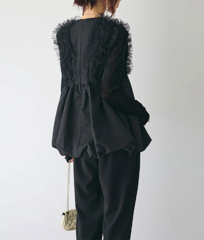 ベスト ジレ チュール チュールベスト レディース トップス バルーン レース ノースリーブ ペプラムトップス チュニック きれいめ ペプラムジレ  重ね着 Vネック 切り替え レイヤード 体型カバー 大人可愛い 通勤 春 夏 秋 冬