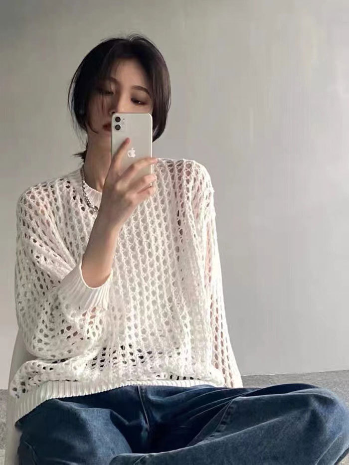 ニット 透かし編み 長袖 プルオーバー メッシュニット サマーニット レディース チュニック パーカー ショート丈 肌見せ 春 夏 透け 黒 トップス セーター uネック ラウンドネック 大きいサイズ ロング丈 UV対策 編み かぎ針編み 秋服 服 通勤 通学