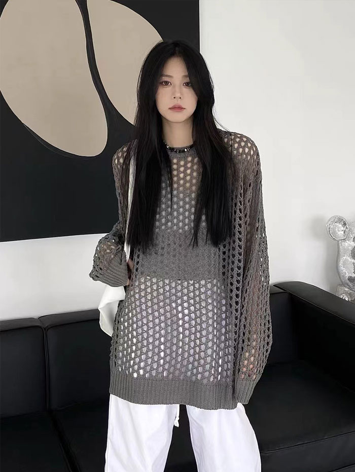 ニット 透かし編み 長袖 プルオーバー メッシュニット サマーニット レディース チュニック パーカー ショート丈 肌見せ 春 夏 透け 黒 トップス セーター uネック ラウンドネック 大きいサイズ ロング丈 UV対策 編み かぎ針編み 秋服 服 通勤 通学