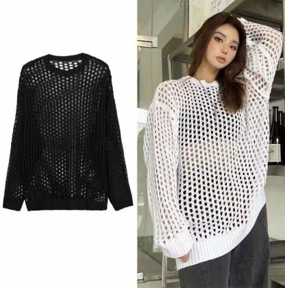 ニット 透かし編み 長袖 プルオーバー メッシュニット サマーニット レディース チュニック パーカー ショート丈 肌見せ 春 夏 透け 黒 トップス セーター uネック ラウンドネック 大きいサイズ ロング丈 UV対策 編み かぎ針編み 秋服 服 通勤 通学