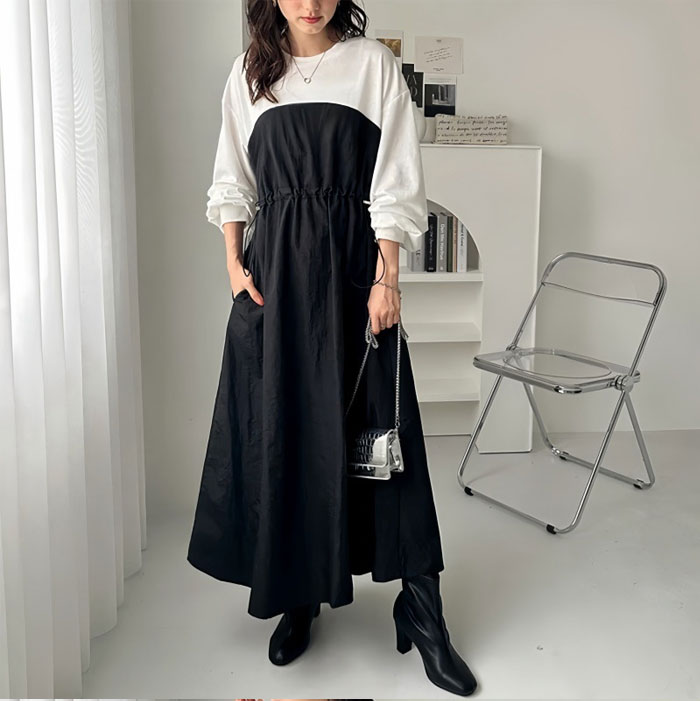 ロングワンピース 長袖 春 ワンピース レディース 無地 切り替え 大きいサイズ フレア 高級感 上品 マキシワンピース 30代 40代  ゆったり 体型カバー ロング丈 ビッグシルエット ロングワンピース カジュアル きれいめ 大人 オシャレ 送料無料