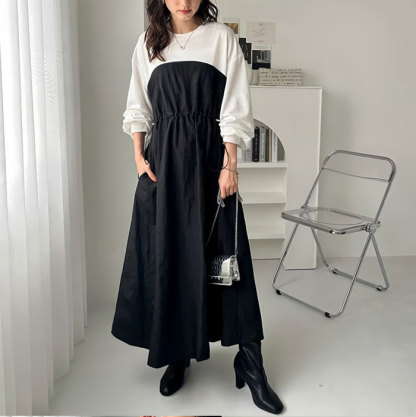 ロングワンピース 長袖 春 ワンピース レディース 無地 切り替え 大きいサイズ フレア 高級感 上品 マキシワンピース 30代 40代  ゆったり 体型カバー ロング丈 ビッグシルエット ロングワンピース カジュアル きれいめ 大人 オシャレ 送料無料