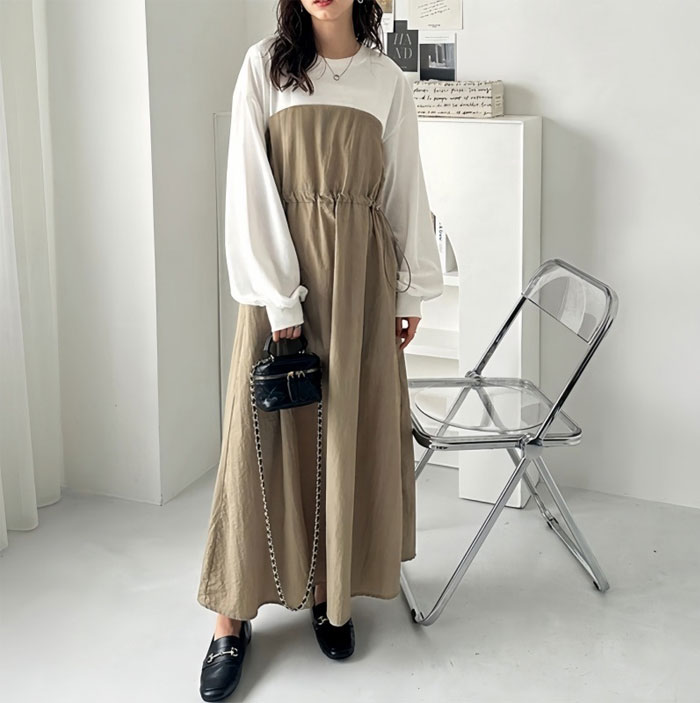 ロングワンピース 長袖 春 ワンピース レディース 無地 切り替え 大きいサイズ フレア 高級感 上品 マキシワンピース 30代 40代  ゆったり 体型カバー ロング丈 ビッグシルエット ロングワンピース カジュアル きれいめ 大人 オシャレ 送料無料