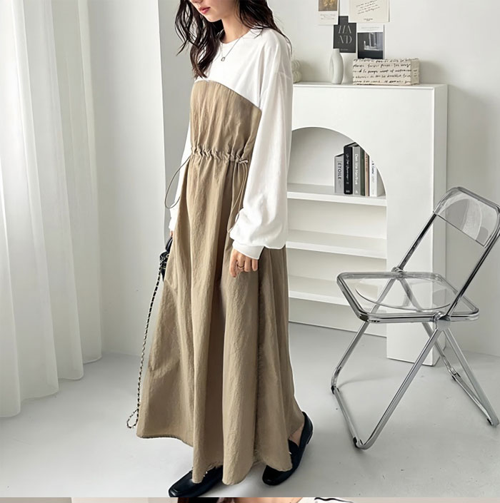ロングワンピース 長袖 春 ワンピース レディース 無地 切り替え 大きいサイズ フレア 高級感 上品 マキシワンピース 30代 40代  ゆったり 体型カバー ロング丈 ビッグシルエット ロングワンピース カジュアル きれいめ 大人 オシャレ 送料無料