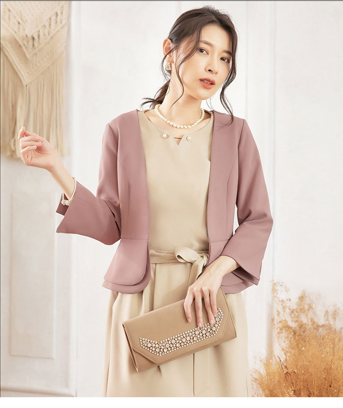 ジャケット レディース ボレロ コート 春夏秋 大きいサイズ きれいめ アウター 七分袖 ショート丈 羽織り 無地 お洒落 カジュアル シンプル フォーマル フェミニン ショートジャケット OL 入園 入学 卒業式 オフィス 結婚式 披露宴 成人式 同窓会 襟無し