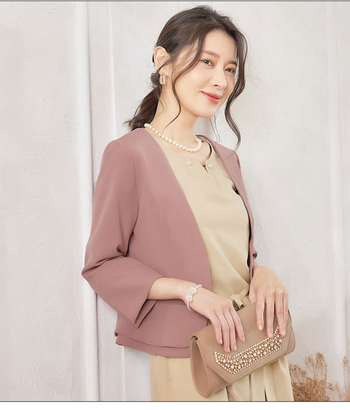 ジャケット レディース ボレロ コート 春夏秋 大きいサイズ きれいめ アウター 七分袖 ショート丈 羽織り 無地 お洒落 カジュアル シンプル フォーマル フェミニン ショートジャケット OL 入園 入学 卒業式 オフィス 結婚式 披露宴 成人式 同窓会 襟無し