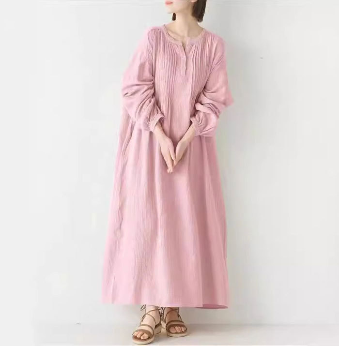 ロングワンピース 春 綿麻 長袖 大きいサイズ Vネック 春夏 ロング丈 レディース ゆるっと マキシワンピース 30代 40代 ゆったり 体型カバー ビッグシルエット バルーン カジュアル きれいめ 送料無料