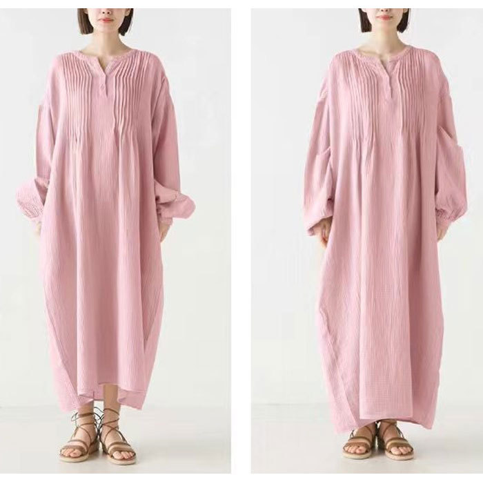 ロングワンピース 春 綿麻 長袖 大きいサイズ Vネック 春夏 ロング丈 レディース ゆるっと マキシワンピース 30代 40代 ゆったり 体型カバー ビッグシルエット バルーン カジュアル きれいめ 送料無料