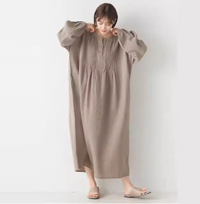 ロングワンピース 春 綿麻 長袖 大きいサイズ Vネック 春夏 ロング丈 レディース ゆるっと マキシワンピース 30代 40代 ゆったり 体型カバー ビッグシルエット バルーン カジュアル きれいめ 送料無料
