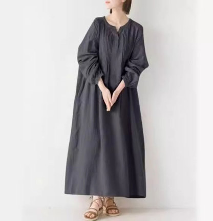 ロングワンピース 春 綿麻 長袖 大きいサイズ Vネック 春夏 ロング丈 レディース ゆるっと マキシワンピース 30代 40代 ゆったり 体型カバー ビッグシルエット バルーン カジュアル きれいめ 送料無料