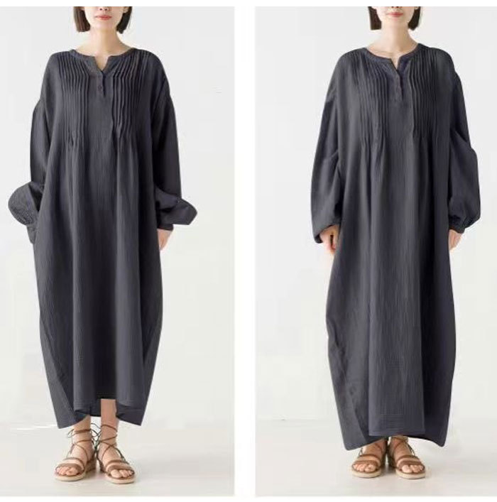 ロングワンピース 春 綿麻 長袖 大きいサイズ Vネック 春夏 ロング丈 レディース ゆるっと マキシワンピース 30代 40代 ゆったり 体型カバー ビッグシルエット バルーン カジュアル きれいめ 送料無料