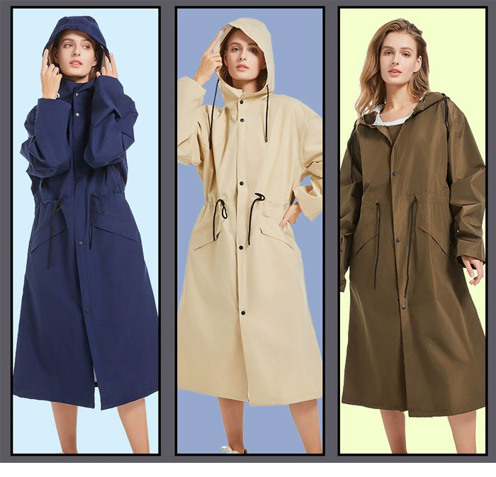 レインコート レディース コート トレンチコート ワンピース 春夏秋 きれいめ ロングワンピース ロング丈 無地 自転車 レインウェア フード付き リュック 大人 防水 雨具 撥水加工 通勤 通学 バイク おしゃれ 膝が濡れない 女性用