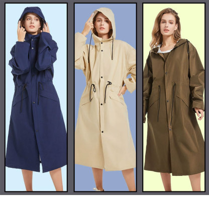レインコート レディース コート トレンチコート ワンピース 春夏秋 きれいめ ロングワンピース ロング丈 無地 自転車 レインウェア フード付き リュック 大人 防水 雨具 撥水加工 通勤 通学 バイク おしゃれ 膝が濡れない 女性用