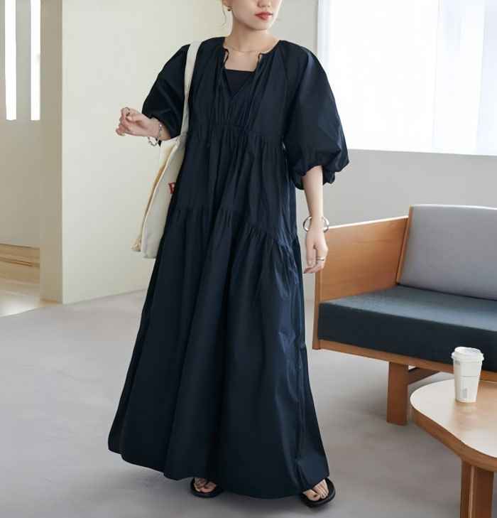 シャツワンピース 五分袖 大きいサイズ ロング レディース バルーン袖 Vネック ティアード マキシワンピース ロングシャツワンピ ぽわん袖 バルーンスリープ プリーツワンピ プリーツ きれいめ マキシ丈 ワンピース ビッグシルエット カジュアル 大人可愛い 送料無料