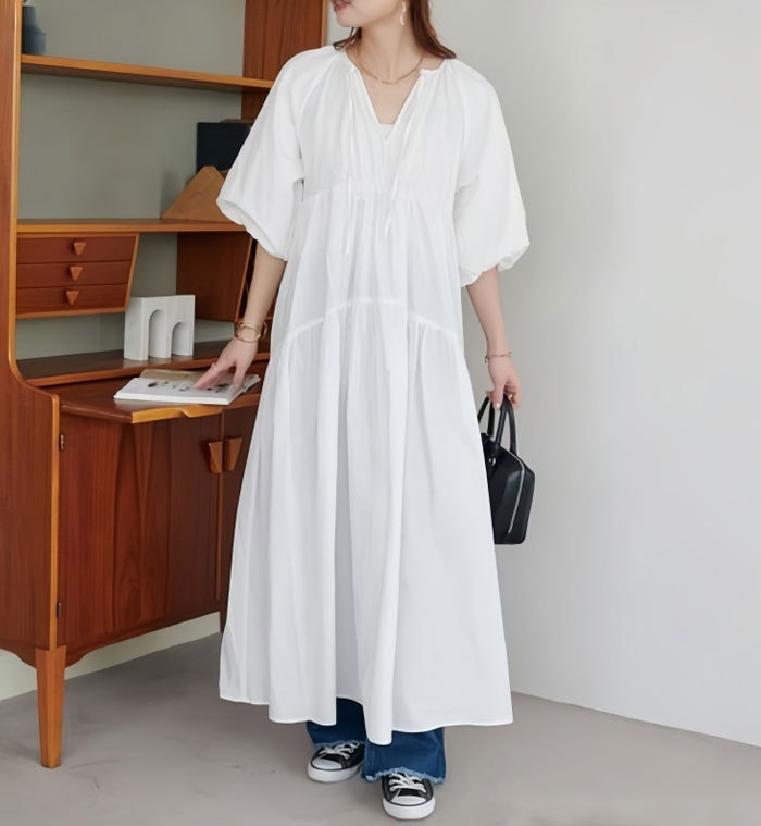 シャツワンピース 五分袖 大きいサイズ ロング レディース バルーン袖 Vネック ティアード マキシワンピース ロングシャツワンピ ぽわん袖 バルーンスリープ プリーツワンピ プリーツ きれいめ マキシ丈 ワンピース ビッグシルエット カジュアル 大人可愛い 送料無料