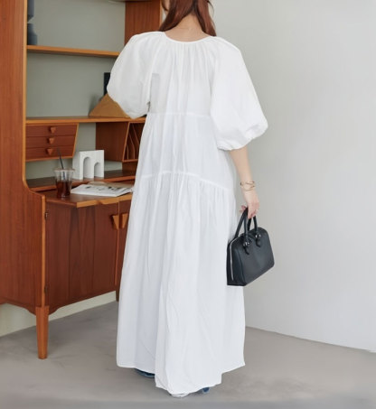 シャツワンピース 五分袖 大きいサイズ ロング レディース バルーン袖 Vネック ティアード マキシワンピース ロングシャツワンピ ぽわん袖 バルーンスリープ プリーツワンピ プリーツ きれいめ マキシ丈 ワンピース ビッグシルエット カジュアル 大人可愛い 送料無料