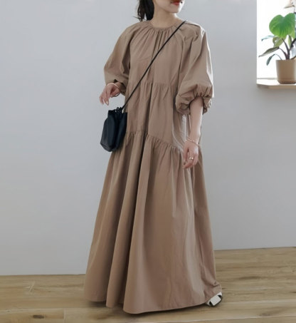 シャツワンピース 五分袖 大きいサイズ ロング レディース バルーン袖 Vネック ティアード マキシワンピース ロングシャツワンピ ぽわん袖 バルーンスリープ プリーツワンピ プリーツ きれいめ マキシ丈 ワンピース ビッグシルエット カジュアル 大人可愛い 送料無料