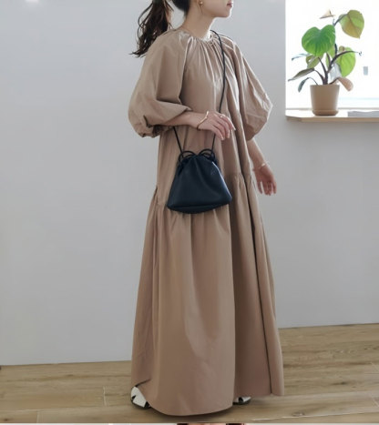 シャツワンピース 五分袖 大きいサイズ ロング レディース バルーン袖 Vネック ティアード マキシワンピース ロングシャツワンピ ぽわん袖 バルーンスリープ プリーツワンピ プリーツ きれいめ マキシ丈 ワンピース ビッグシルエット カジュアル 大人可愛い 送料無料