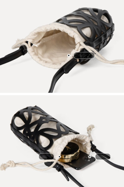 ショルダーバッグ レディース かごバッグ ショルダー バッグ 斜め掛けバッグ スマホショルダーバッグ レザーかごバッグ 巾着バッグ カットワーク 合皮 スマホポーチ ショルダー バケツバッグ かわいい ミニポシェット 携帯便利