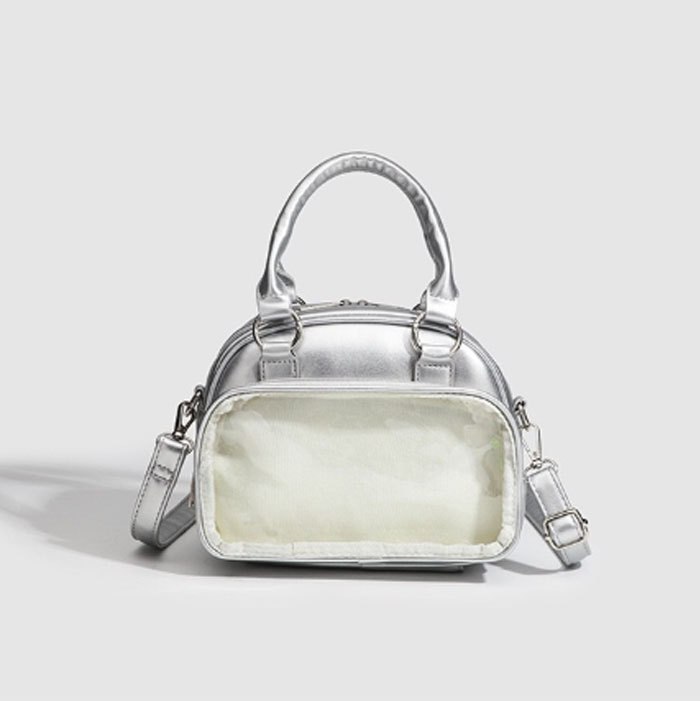 ミニボストンバッグ 小さめ 痛バッグ ショルダー ミニ 軽く ファスナー ぬいぐるみ ぬいポーチ 可愛い 2WAY トート トートバッグ ショルダーバッグ ブラック ホワイト 透明 可愛い シルバー グッズ おしゃれ 人気