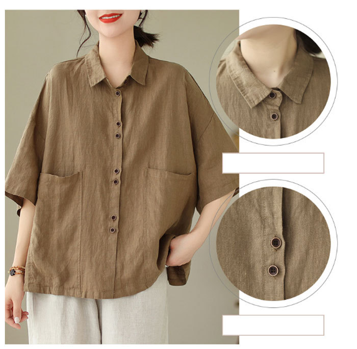 リネン シャツ ブラウス レディース 半袖 麻風 シャツブラウス 綿麻ブラウス スタンドカラー リネンシャツ トップス コットンリネン 着心地 柔らかい おしゃれ 夏 柔らか 半袖シャツ トップス 無地 春 夏 秋 ゆったり 大人可愛い 送料無料
