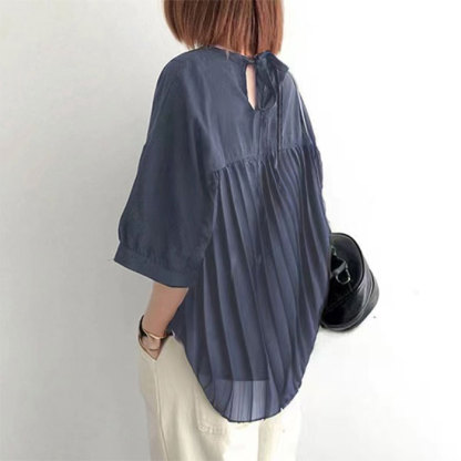 シャツ 映え ギャザー 体型カバー トップス レディース 無地 チュニック 五分袖 大きいサイズ ドルマン ロングシャツ ロング ブラウス オーバーサイズ ゆったり お尻が隠れる 30代 40代