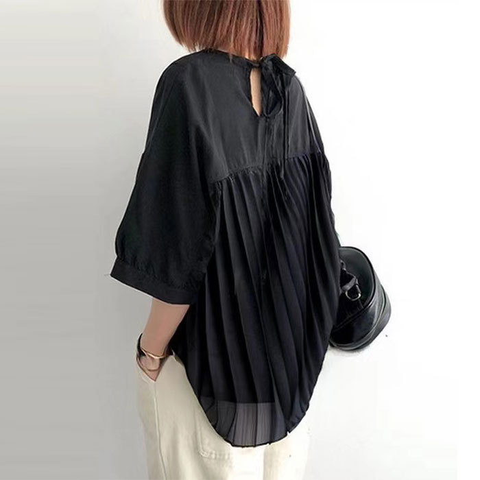 シャツ 映え ギャザー 体型カバー トップス レディース 無地 チュニック 五分袖 大きいサイズ ドルマン ロングシャツ ロング ブラウス オーバーサイズ ゆったり お尻が隠れる 30代 40代