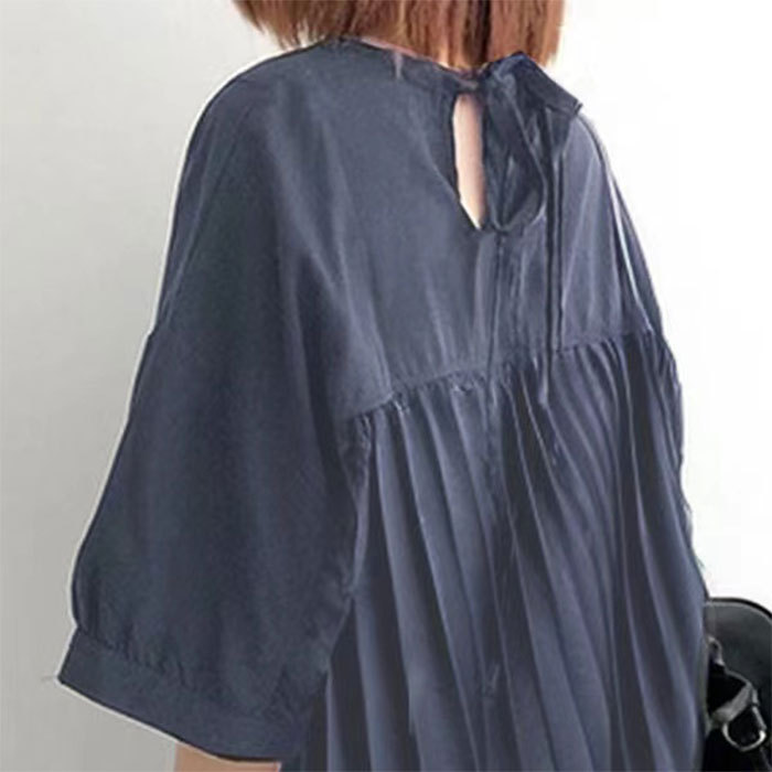 シャツ 映え ギャザー 体型カバー トップス レディース 無地 チュニック 五分袖 大きいサイズ ドルマン ロングシャツ ロング ブラウス オーバーサイズ ゆったり お尻が隠れる 30代 40代