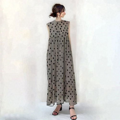 マキシワンピース ノースリーブ シフォン ドット柄 水玉 プリーツ ワンピース ロングワンピース 春 夏 レディース ロング丈 大きいサイズ 夏 体型カバー 着痩せ 着回し お洒落 きれいめトレンド シンプル カジュアル 薄手 リゾート 旅行 海 裏地付き