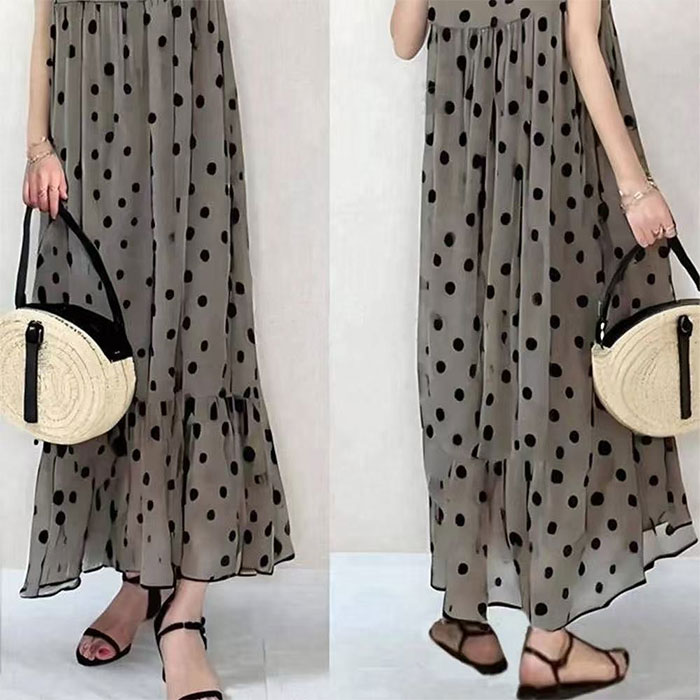 マキシワンピース ノースリーブ シフォン ドット柄 水玉 プリーツ ワンピース ロングワンピース 春 夏 レディース ロング丈 大きいサイズ 夏 体型カバー 着痩せ 着回し お洒落 きれいめトレンド シンプル カジュアル 薄手 リゾート 旅行 海 裏地付き