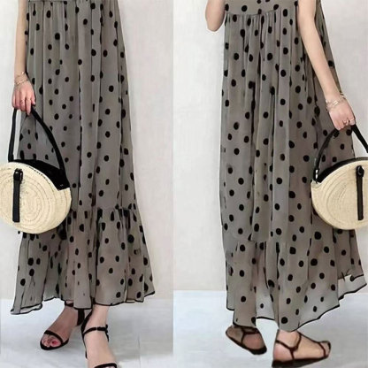 マキシワンピース ノースリーブ シフォン ドット柄 水玉 プリーツ ワンピース ロングワンピース 春 夏 レディース ロング丈 大きいサイズ 夏 体型カバー 着痩せ 着回し お洒落 きれいめトレンド シンプル カジュアル 薄手 リゾート 旅行 海 裏地付き