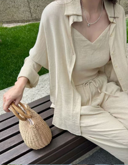 セットアップ レディース カジュアル 夏 3点セット 重ね着 キャミソール ワイドパンツ ハイウエスト トップス 羽織り ロング丈 プリーツ 韓国ファッション ゆるゆる 可愛い お出かけ ゆったり おしゃれ 通勤 着痩せ 体型カバー 旅行 デート 女子会 春夏