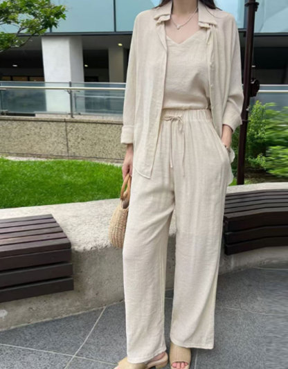 セットアップ レディース カジュアル 夏 3点セット 重ね着 キャミソール ワイドパンツ ハイウエスト トップス 羽織り ロング丈 プリーツ 韓国ファッション ゆるゆる 可愛い お出かけ ゆったり おしゃれ 通勤 着痩せ 体型カバー 旅行 デート 女子会 春夏